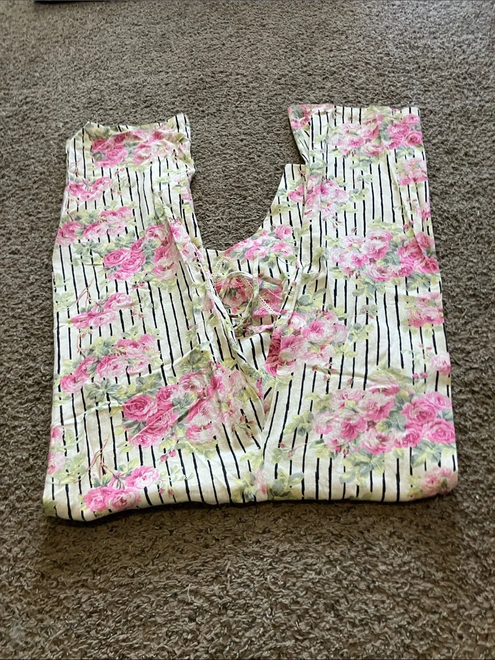 April Cornell Cream Striped overalls Pink Floral Print